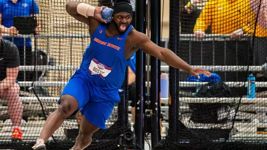 Calvin Bostic throws the shot put at the 2025 MW Indoor Championships
