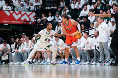 Tyson Degenhart being guarded on the right wing by a Colorado State defender