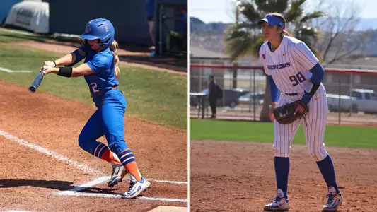 Sophia Knight bunting (left) and Makenzie Butt standing near first base (right).
