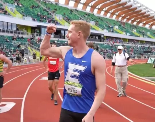 Landon Helms fist pumping at the Oregon Relays