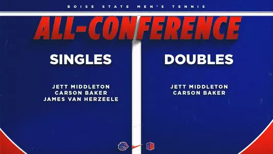 2025 men's tennis postseason All-MW Team honors featuring Carson Baker, Jett Middleton and James Van Herzeele.