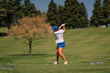 Annie Buffolino taking a tee shot at the Silicon Valley Showcase