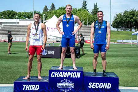 Landon Helms standing on the podium after winning the 2025 MW decathlon title
