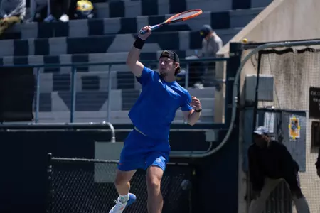 Julius Seifert after return a shot during doubles play against California at the NCAA tournament on May 2, 2025.