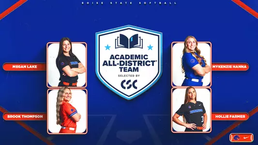 Graphics of Megan Lake, Mykenzie Hanna, Brook Thompson and Hollie Farmed named CSC Academic All-District.