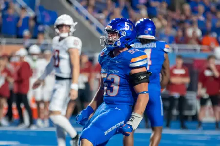 Marco Notarainni celebrating during Boise State's 2025 Mountain West Championship win