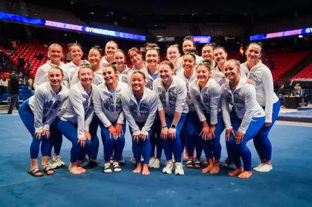 Gymnastics Team posing in group photo after Jan. 31, 2025 meet