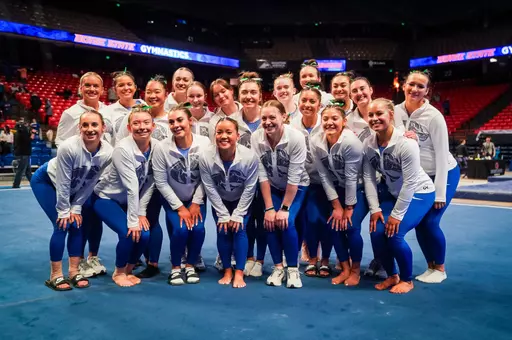 Gymnastics Team posing in group photo after Jan. 31, 2025 meet