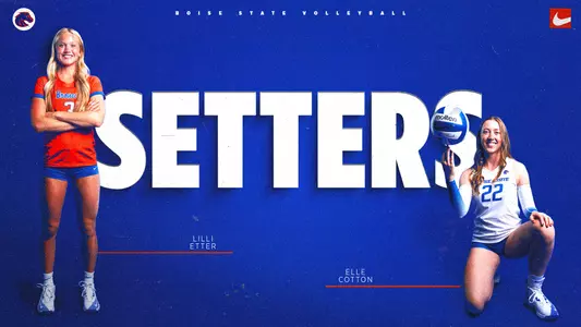 Volleyball's 2025 preseason position preview graphic for the setters featuring Lilli Etter standing with arms crossed in an orange jersey and Elle Cotton kneeling in a white jersey