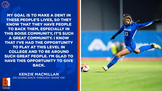 Kenzie MacMillan Quote graphic. MacMillan wearing a blue uniform, is taking a shot at goal.