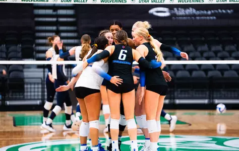 Team huddle during a match at the Utah Valley Invitational in August of 2025.