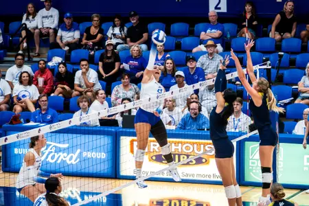 Kailyn Jager goes high for the kill at the net against UC San Diego.