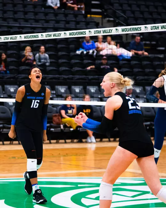 Giselle Paedon, wearing a black jersey, celebrating at Utah Valley.