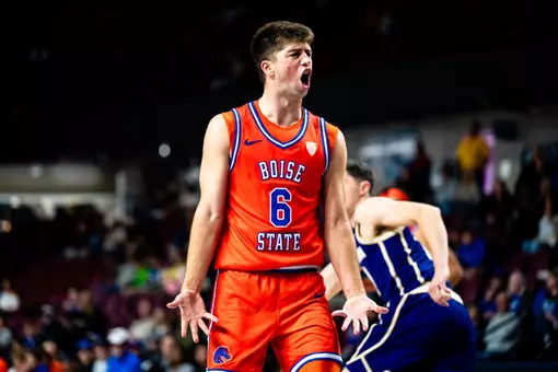 Pearson Carmichael celebrates after making a shot against Washington at Idaho Central Arena