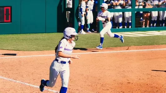Marissa Gonzalez runs to first and Grace Peffley runs home at Stanford, Feb. 22, 2026