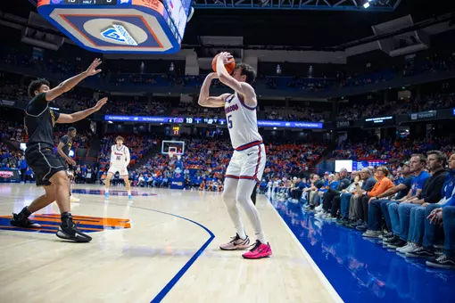 RJ Keene II attempts a corner 3-pointer at ExtraMile Arena against San Jose State
