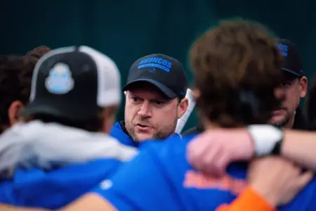 Luke Shields in the team huddle