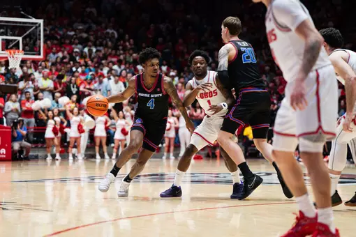 Dylan Andrews handles the ball on offense against New Mexico
