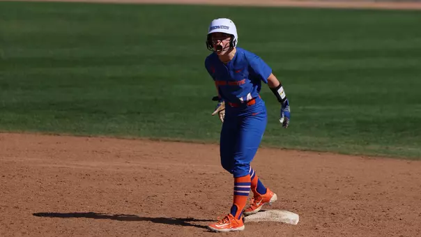 Quinn Southerland standing on second base celebrating a go-ahead double at Cal State Fullerton, Feb. 8, 2026.