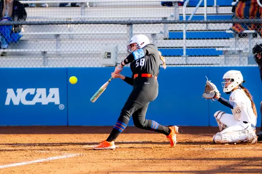 Mya Flindt hits a pitch against Cal Baptist, March 5, 2026