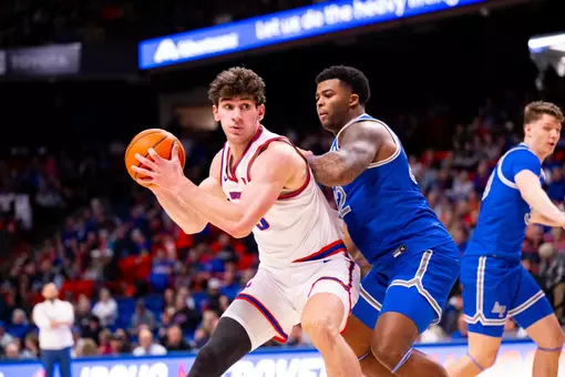 Dominic Parolin has the basketball in the low post against Air Force at ExtraMile Arena on Jan. 24, 2026