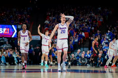 Drew Fielder celebrates after making a three