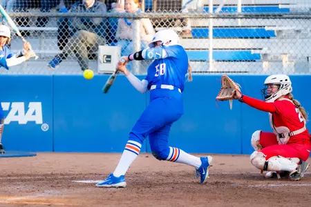 Mya Flindt hits a pitch against UNLV, April 17.