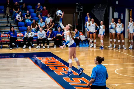 Sydney Dreves serves against Fresno State in Bronco Gym during the 2025 season.