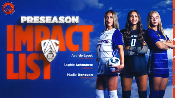 Soccer Pac-12 Preseason Impact List graphic featuring Sophie Schmautz, Ava de Leest and Madie Donovan.