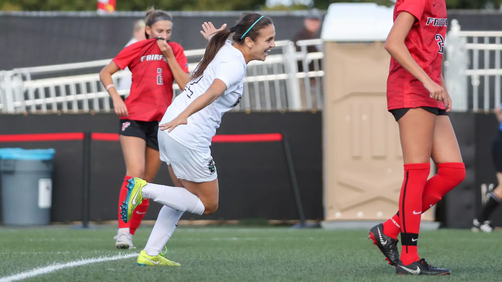 Celia Story celebrates a goal.