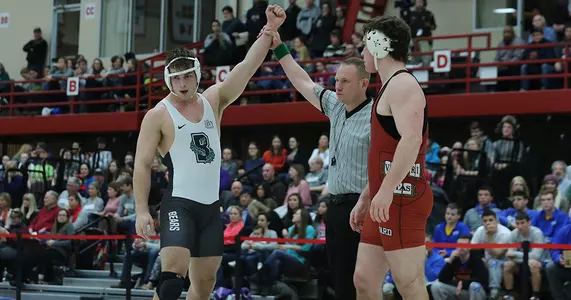 Wrestling Tops Roger Williams, Falls to Harvard at Beauty and the Beast Meet Image