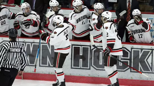 Brown men's hockey players celebrating by the bench.