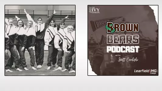 Lisa Stern Kaplowitz in a gymnastics team photo alongside a graphic for the Brown Bears Podcast