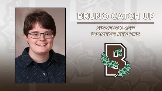 Head shot of women's fencer Signe Golash alongside the Brown Athletics logo