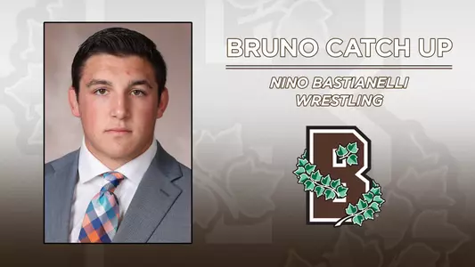 Head shot of wrestling Nino Bastianelli alongside the Brown Athletics logo