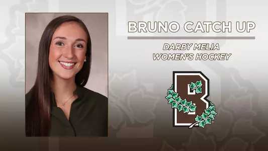 Head shot of women's hockey's Darby Melia alongside the Brown Athletics logo