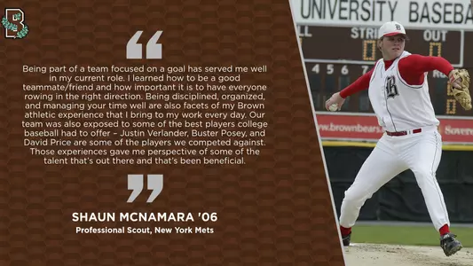Baseball's Shaun McNamara throws a pitch off the mound alongside a quote graphic