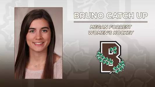 Head shot of women's hockey's Megan Forrest alongside the Brown Athletics logo