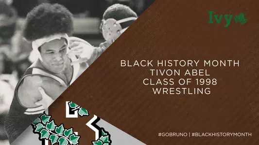 Wrestling's Tivon Abel grabs an opponent alongside a graphic for Black History Month