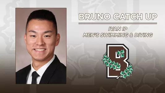 Head shot of men's swimming & diving's Ivan Ip alongside the Brown Athletics logo