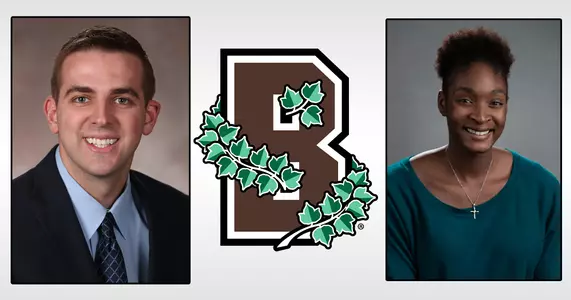 Head shots of Tyler Patch and Ugo Nwaigwe flank a Brown Athletics logo
