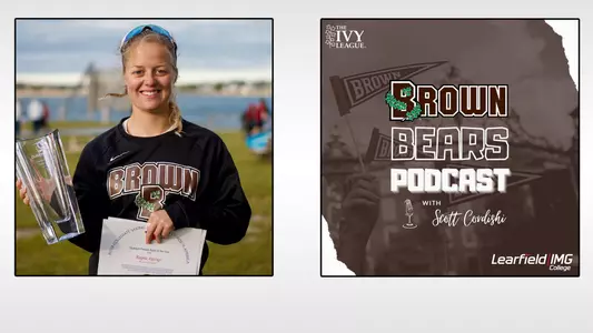 Sailing's Ragna Agerup holds a trophy alongside a graphic for the Brown Bears Podcast