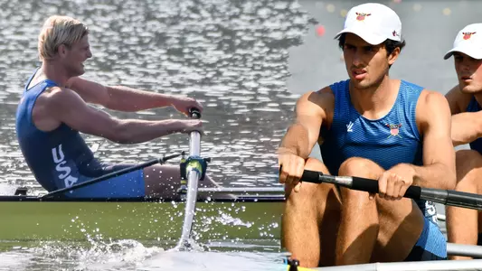 Anders Weiss (left) and Alex Miklasevich row with vigor in U.S. boats