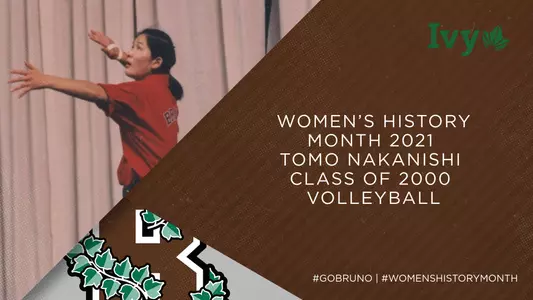 Volleyball's Tomo Nakanishi gets set to serve alongside a graphic for Women's History Month