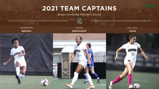 Athletes playing soccer below text for the 2021 team captains