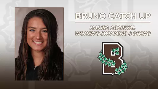 Head shot of women's swimming & diving's Marisa Agarwal alongside the Brown Athletics logo