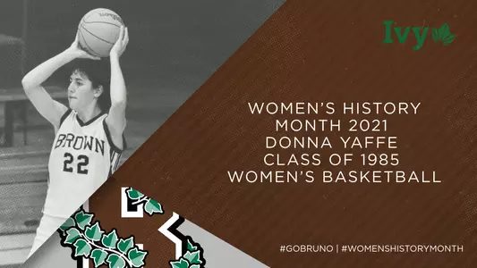 Women's basketball's Donna Yaffe '85 looks up the court alongside a graphic for Women's History Month