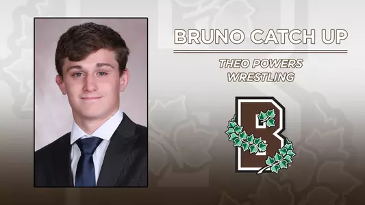 Head shot of wrestling Theo Powers alongside the Brown Athletics logo
