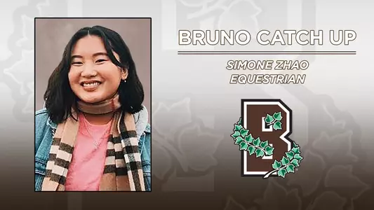 Head shot of equestrian's Simone Zhao alongside a Brown Athletics logo