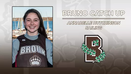 Head shot of sailing's Annabelle Hutchinson alongside a Brown Athletics logo
